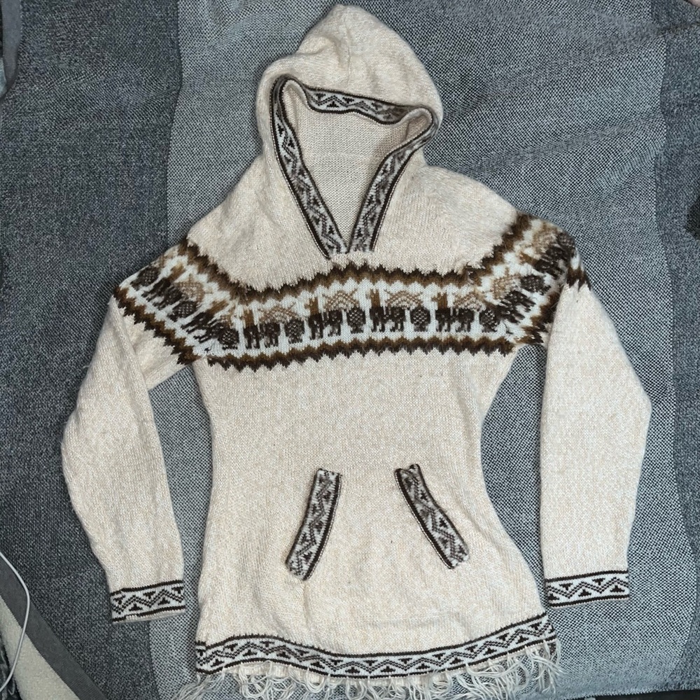 Cozy Cream Hooded Sweater with Brown Aztec detailing
